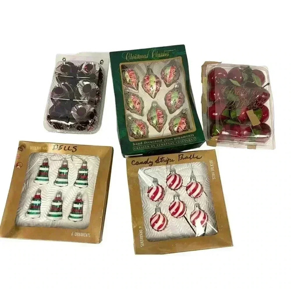 VTG 5 Boxes Christmas Ornaments Apples Foil Commodore Imported Candy Stripes - Picture 1 of 15